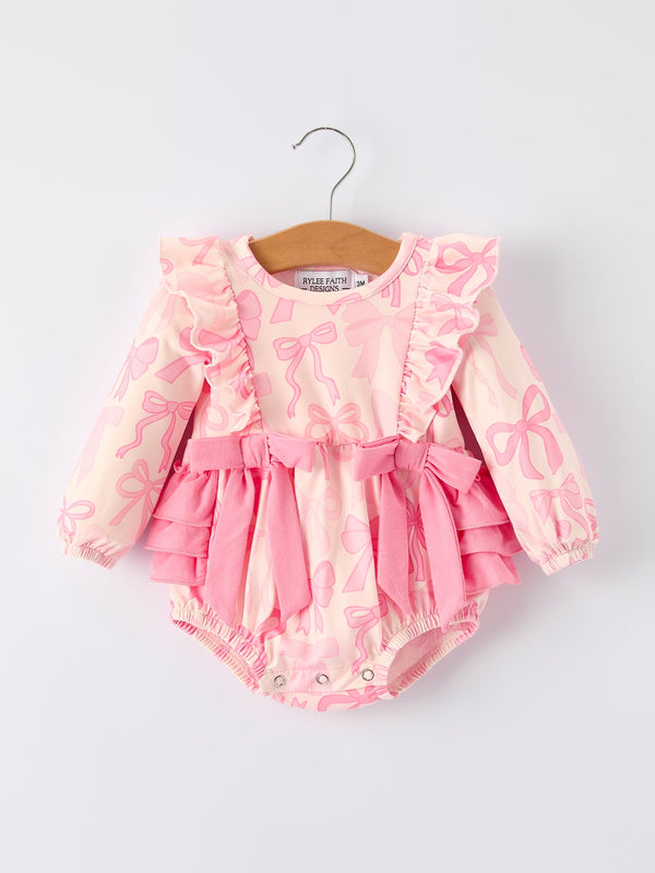 Girls pink bow print long sleeves romper, perfect for stylish and comfortable baby outfits.