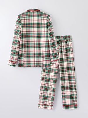Mommy & Me Christmas Plaid Girls Pajamas Set with Long Sleeves and Red Cuffs