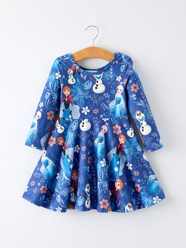 Blue Christmas Character Print Long Sleeve Girls Dress