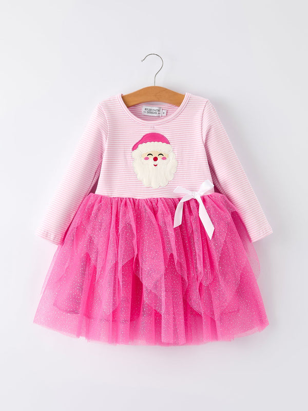Pink Christmas Santa Applique Striped Girls Dress