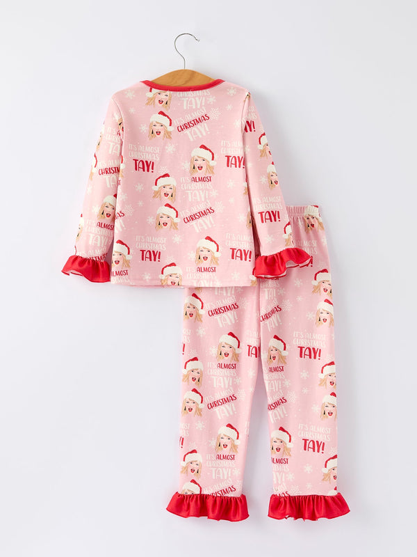 Christmas Santa TS Print Ruffle Girls Pajama Set