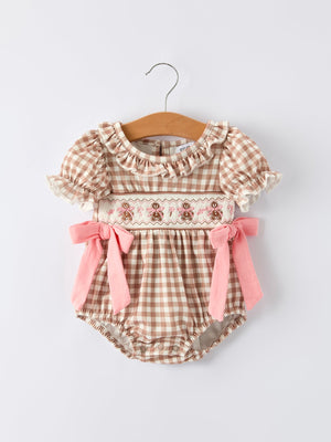 Christmas Vintage-Style Plaid Embroidered Gingerbread and Bows Girls Romper