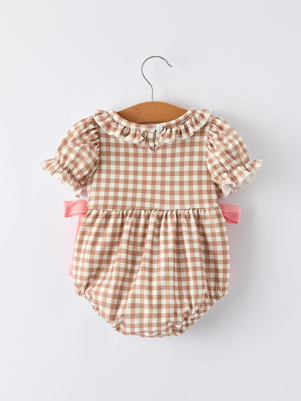 Christmas Vintage-Style Plaid Embroidered Gingerbread and Bows Girls Romper