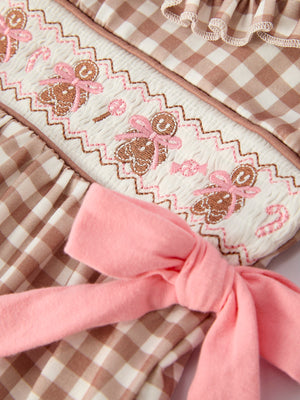 Christmas Vintage-Style Plaid Embroidered Gingerbread and Bows Girls Romper