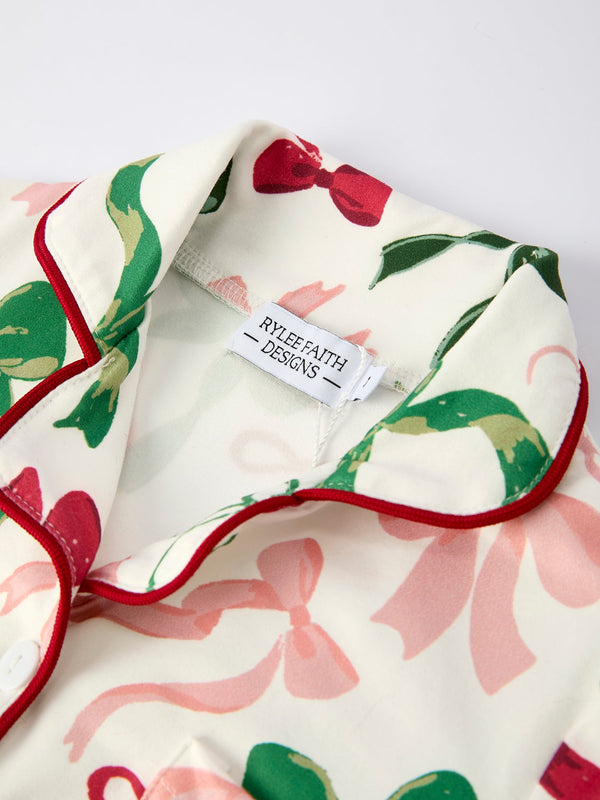 Holiday Bow Print Christmas Pajama Set – Girls Cozy Red Trim Sleepwear