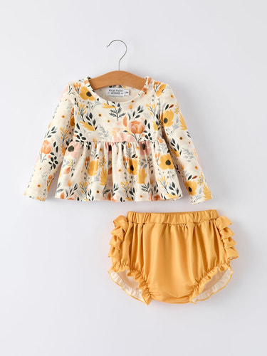 Floral Print Baby Girls Long Sleeve Top with Ruffle Bloomers Set