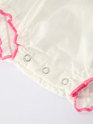 Fall white baby girls romper with pink bow embroidery, stylish and cute, angle view 4.