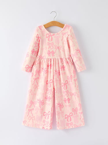 Girls pink bow print long sleeve jumpsuit, perfect for stylish and comfortable baby outfits.