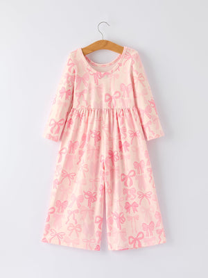 Girls pink bow print long sleeve jumpsuit, stylish and comfortable, perfect for playtime or special occasions.