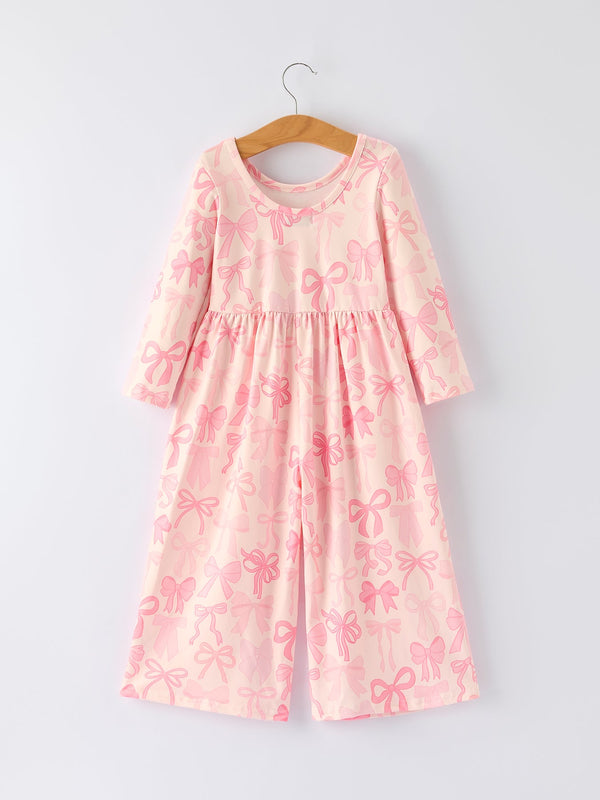 Girls pink bow print long sleeve jumpsuit, stylish and comfortable, perfect for playtime or special occasions.