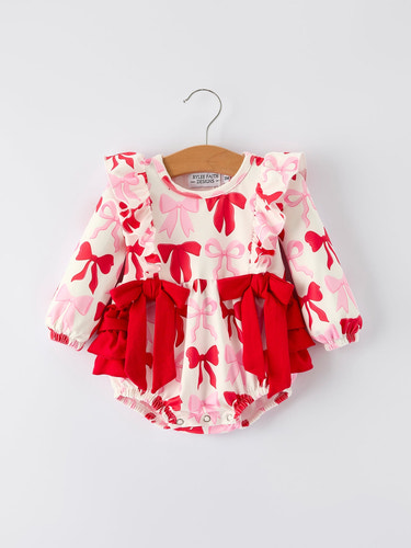 Baby girls' Valentine's bow print long sleeve ruffle romper, perfect for cute and festive outfits.