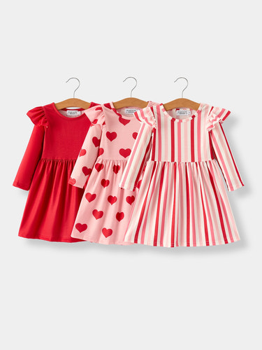 Valentine’s girls long sleeve 3-piece dress set featuring hearts and stripes, perfect for festive occasions.