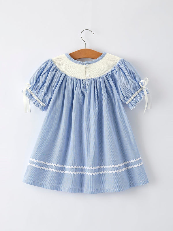 Girls Dress – Blue Striped Smocked Outfit with Short Sleeves