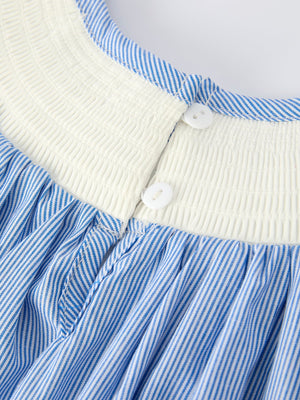 Girls Dress – Blue Striped Smocked Outfit with Short Sleeves