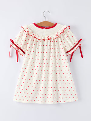 Valentine's Day polka dot girls' dress with smocking embroidery, angle 2 view, perfect for festive occasions.