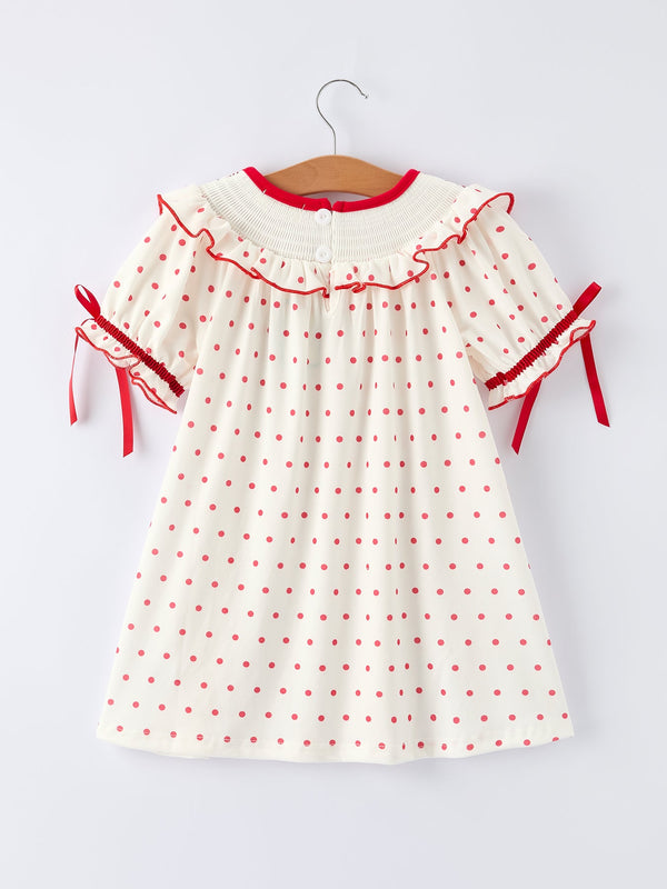 Valentine's Day polka dot girls' dress with smocking embroidery, angle 2 view, perfect for festive occasions.