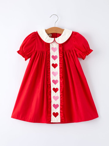 Red ruffle heart embroidered girls dress for Valentine's Day, perfect for special occasions and celebrations.