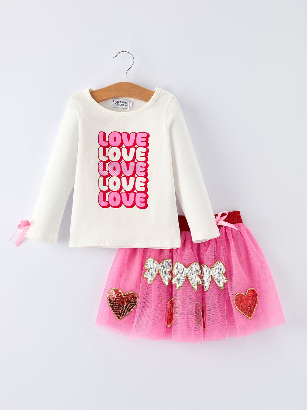 Valentine's Day Love Print Top and Girls' Tulle Skirt Set for adorable baby outfits. Perfect for festive occasions!