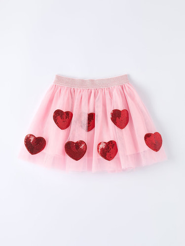 Girls' Valentine's Day skirt featuring sequined heart appliques, perfect for festive occasions.