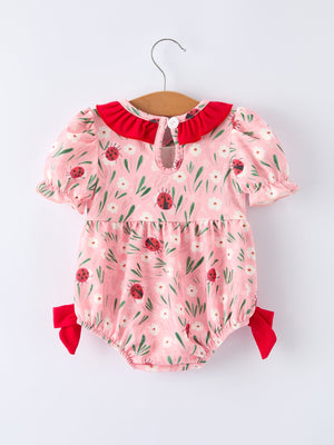 Spring Ladybug Smocked Embroidered Baby Girls Romper