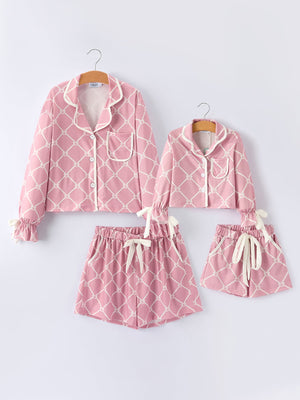 Mommy & me Autumn Check Bow Girls Lapel Pajamas