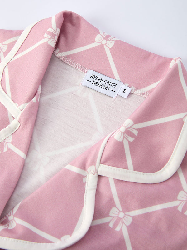 Mommy & me Autumn Check Bow Girls Lapel Pajamas