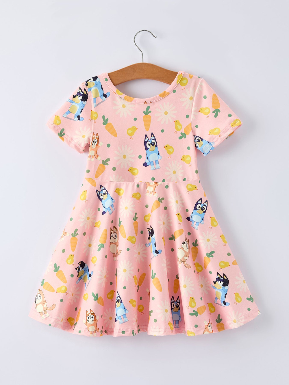 Easter character print short-sleeved dress for babies, perfect for spring celebrations and festive occasions.