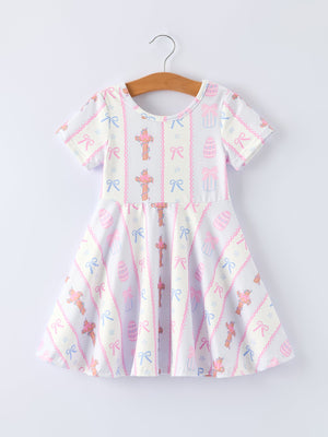 Easter Egg and Cross Print Christening Dress for Girls - Perfect for special occasions and celebrations.