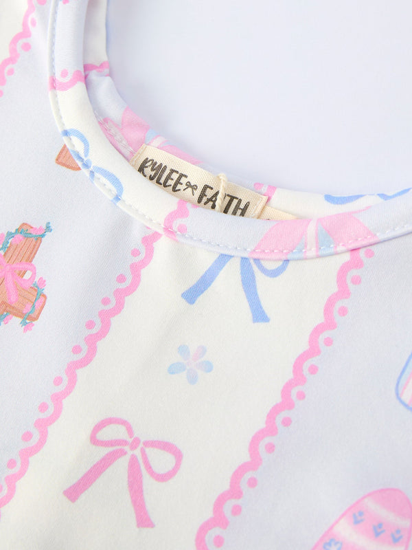 Easter Egg and Cross Print Christening Dress for Girls, Angle 3 View, Perfect for Spring Celebrations.