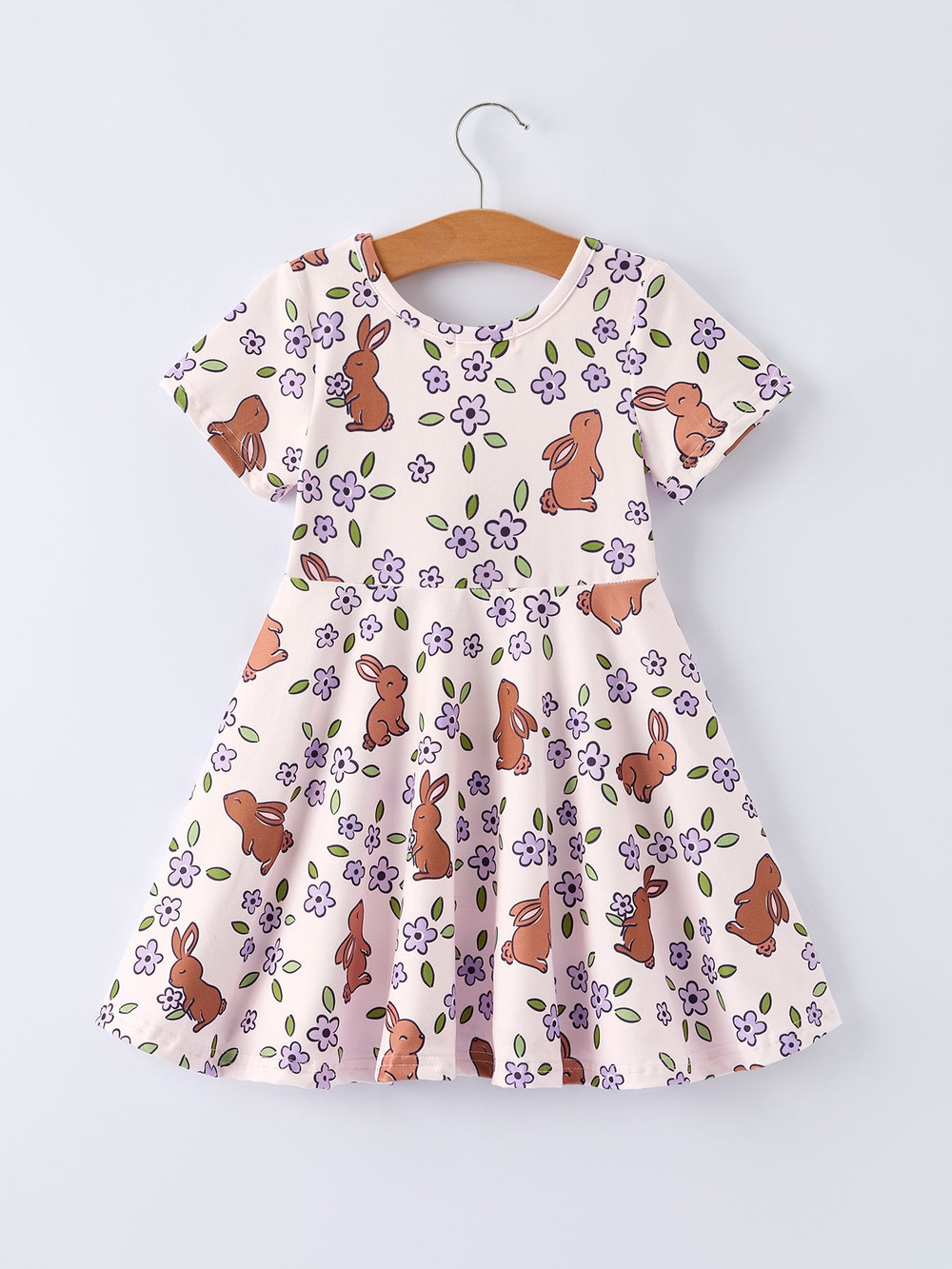 Easter Bunny purple floral print dress for girls, perfect for spring celebrations and festive occasions.