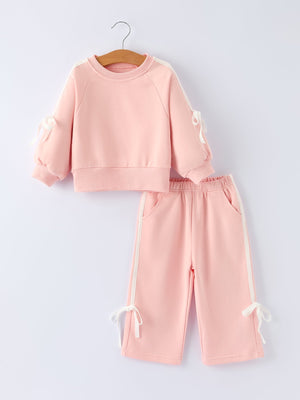 Girls Pink Bow Trim Sweatshirt and Pants Set