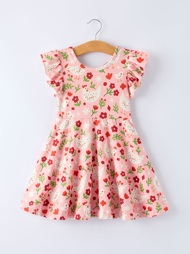Spring Chicken Floral Farm Print Girls Dress - Cute and vibrant dress for girls, perfect for spring outings.