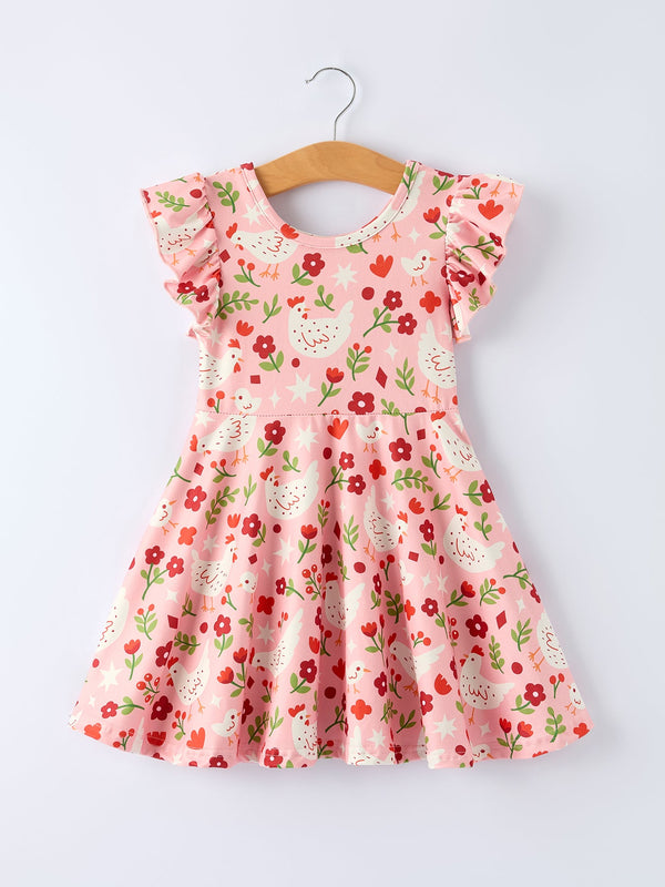 Spring Chicken Floral Farm Print Girls Dress - Cute and vibrant dress for girls, perfect for spring outings.