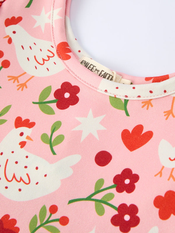 Spring Chicken Floral Farm Print Girls Dress, angle 3 view, showcasing vibrant colors and playful design for kids.
