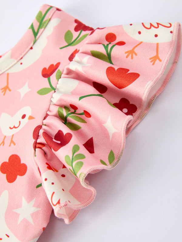 Spring Chicken Floral Farm Print Girls Dress at angle 4, showcasing vibrant colors and playful design for little girls.