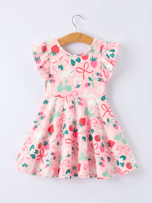 Easter Strawberry Bunny Bow Print Dress for girls, showcasing a cute design from angle 2. Perfect for spring celebrations!
