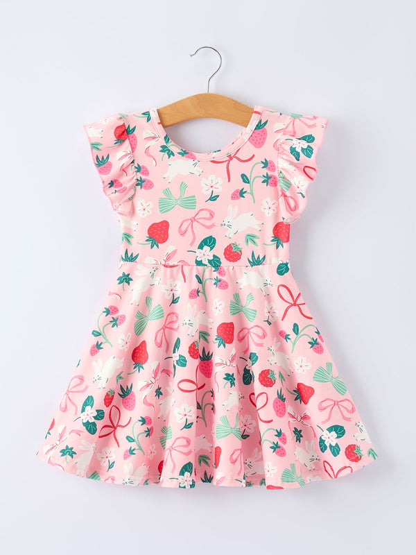 Easter Strawberry Bunny Bow Print Dress for Girls - Cute Spring Fashion Outfit