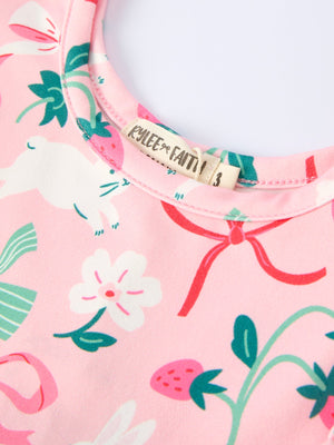 Easter Strawberry Bunny Bow Print Girls' Dress - Angle 3 view showcasing playful design and vibrant colors.