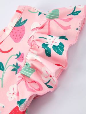 Easter Strawberry Bunny Bow Print Dress for girls, showcasing a cute design from angle 4. Perfect for spring celebrations!