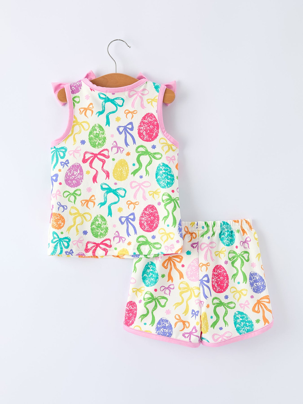 Rainbow Easter Egg Print Bow Sleeveless Vest Top and Shorts Set for babies, perfect for Easter celebrations.