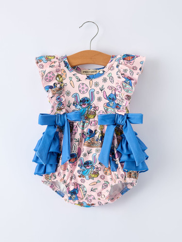 Easter Print Ruffle Bows Girl Romper - Cute and festive outfit for baby girls, perfect for spring celebrations.