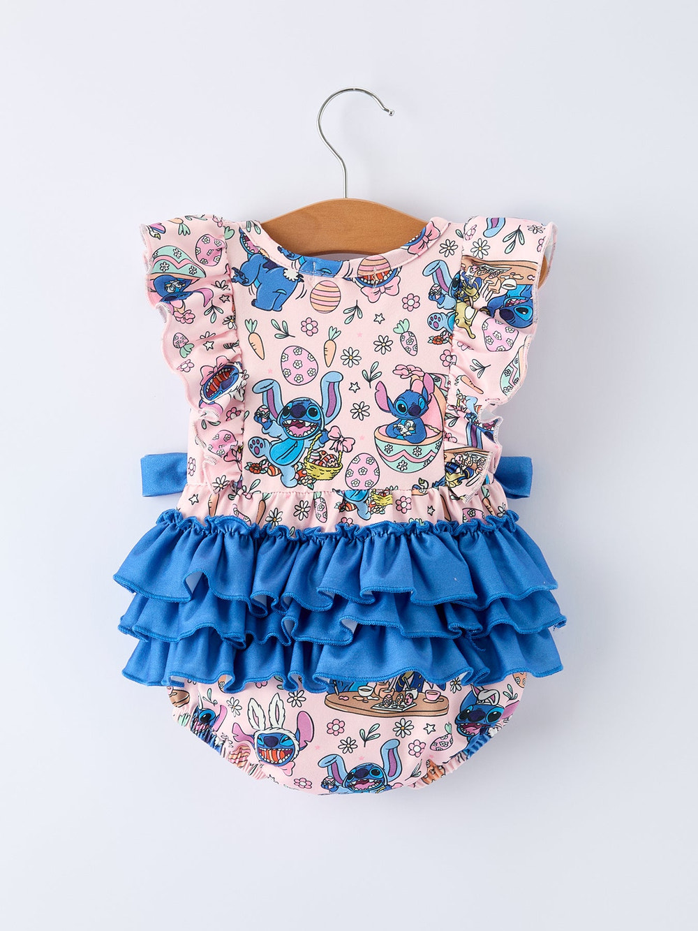 Easter Print Ruffle Bows Girl Romper - Cute and festive outfit for baby girls, perfect for spring celebrations.