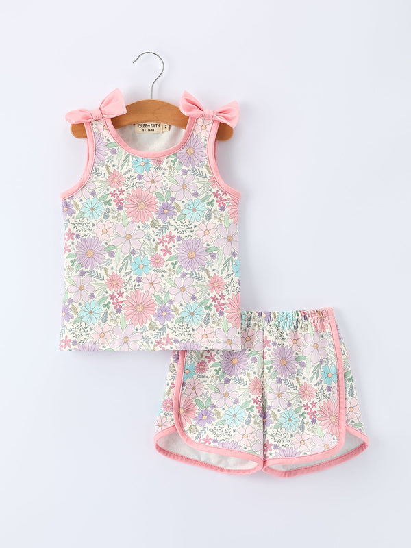 Girls pink floral sleeveless vest top and shorts set for babies, perfect summer outfit.