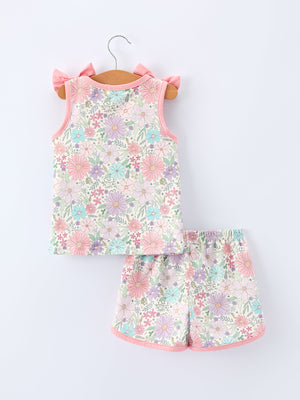 Girls pink floral sleeveless vest top and shorts set, angle 2 view, perfect summer outfit for toddlers.
