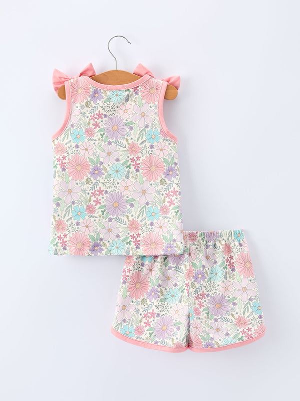 Girls pink floral sleeveless vest top and shorts set, angle 2 view, perfect summer outfit for toddlers.