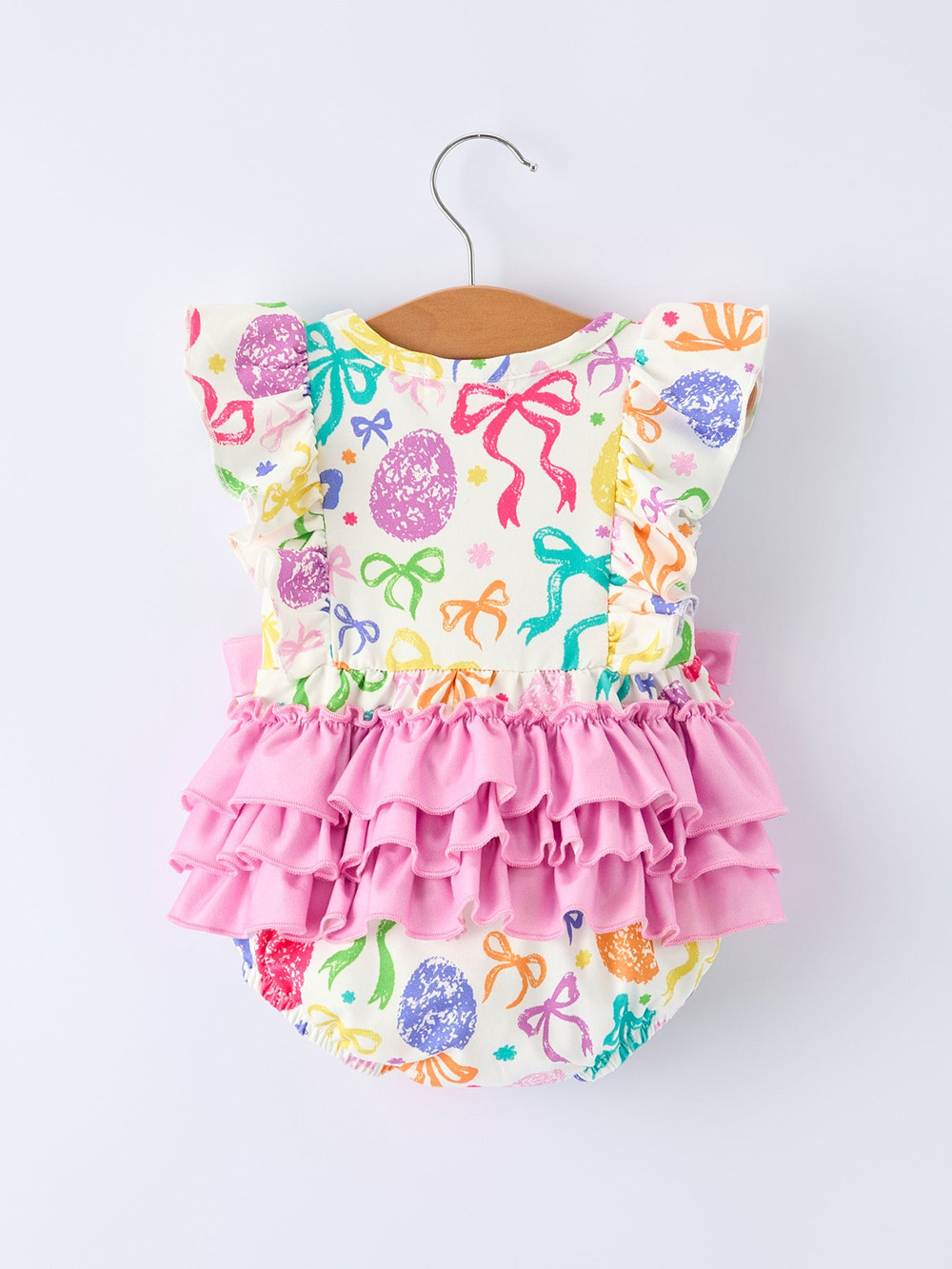 Rainbow Easter Egg Print Bow Romper for Baby Girls - Cute and colorful outfit for spring celebrations.