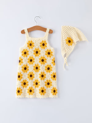 Summer Crochet Sunflower Girl Dress with Headscarf