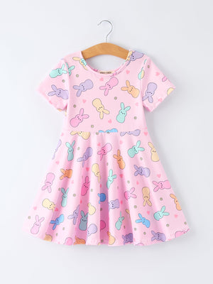 Easter Colorful Bunny Girls Twirl Short Sleeve Dress