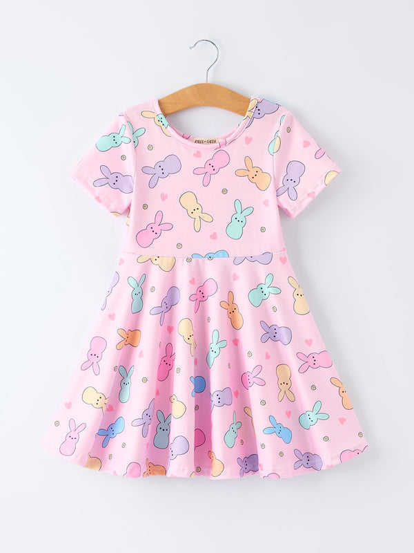 Easter Colorful Bunny Girls Twirl Short Sleeve Dress