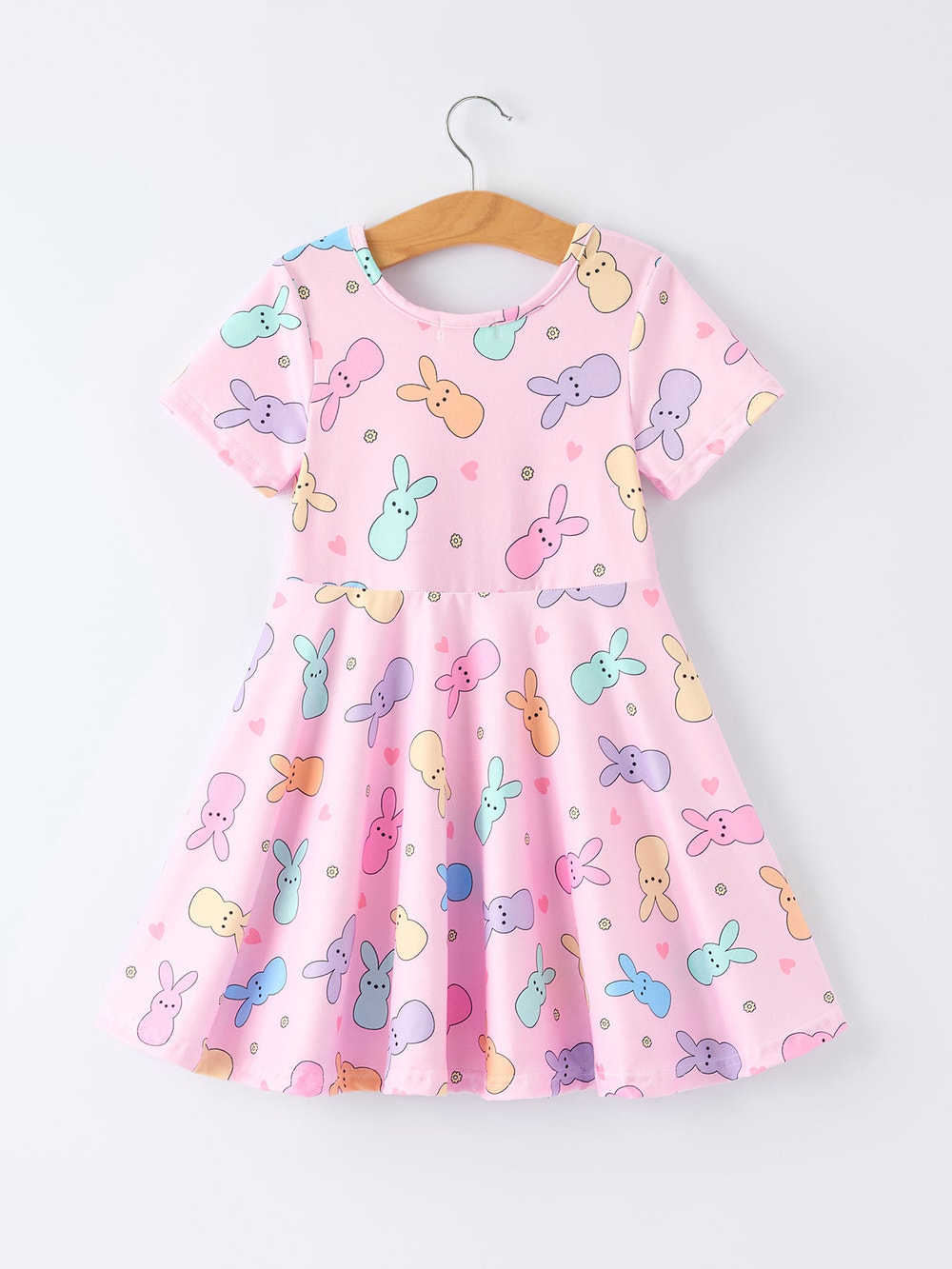 Easter Colorful Bunny Girls Twirl Short Sleeve Dress